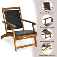 Patio Folding Rattan Lounge Chair Wooden Frame W/ Retractable Footrest