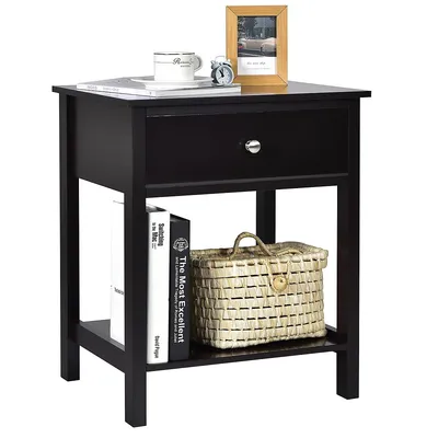 Nightstand With Drawer Storage Shelf Wooden Bedside Sofa Side Table