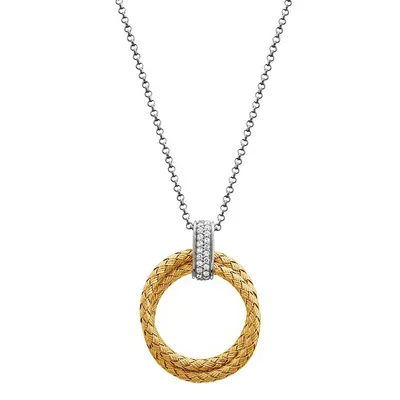 Unity Sterling Silver Two-tone 18k Gold Plated Double Mesh Round With Cubic Zirconia Pendant Necklace