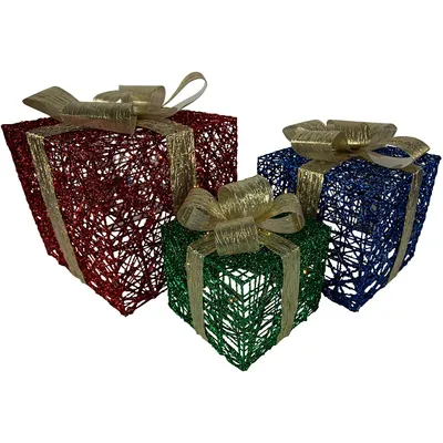 Set Of 3 Lighted Red, Blue And Green Gift Boxes Christmas Decorations 9.75"