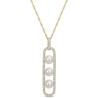 Cultured Freshwater Pearl And 1/5 Ct Tw Diamond Drop Pendant With Chain In 10k Yellow Gold