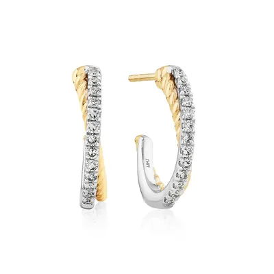 Crossover Hoop Earrings With .20 Carat Tw Diamonds In Sterling Silver And 10kt Yellow Gold