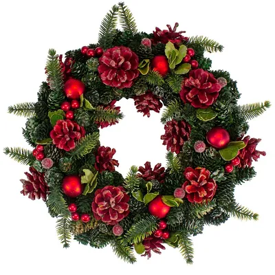 Red Pine Cones And Ornaments Christmas Wreath, 13" - Unlit