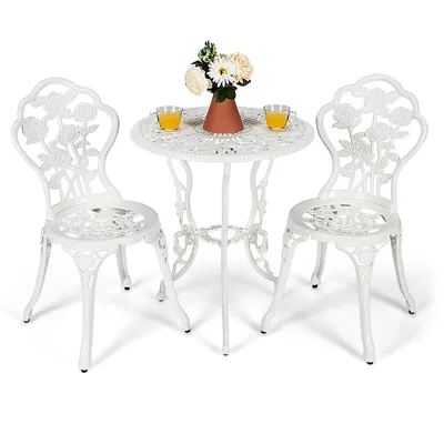 3pcs Cast Aluminum Patio Bistro Furniture Set Rose Design Outdoor White