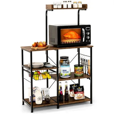 4-tier Vintage Kitchen Baker's Rack Utility Microwave Stand W/ Basket & 5 Hooks