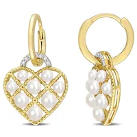 Cultured Freshwater Pearl And Diamond Accent Heart Hoop Earrings In Yellow Plated Sterling Silver