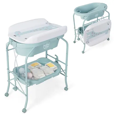 Babyjoy Baby Changing Table With Bathtub, Folding & Portable Diaper Station Wheels Blue/pink/white
