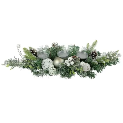 32" Green Frosted Pine Triple Candle Holder With Christmas Ornaments And Pinecones