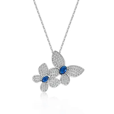 Sterling Silver White Gold Plating With Blue Sapphire Cubic Zirconia Double Fluttering Butterfly Pendant Necklace
