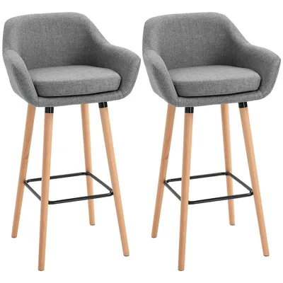 Linen Fabric Bar Stools Set Of 2 With Footrest
