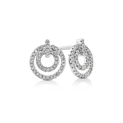 Fine Double Circle Diamond Stud Earrings In Sterling Silver
