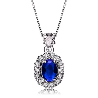 Sterling Silver With White Gold Plating With Sapphire Blue Oval Cubic Zirconia Pendant Necklace