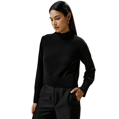 Ribbed Collar And Hemline Wool Cashmere Sweater For Women