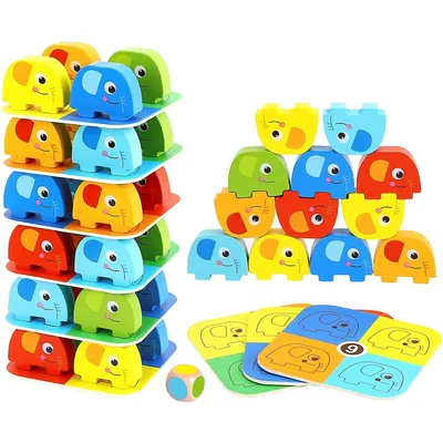 Wooden Elephant Stacking Game - 46pcs Play Set With Pattern Cards And Die, Ages 3+