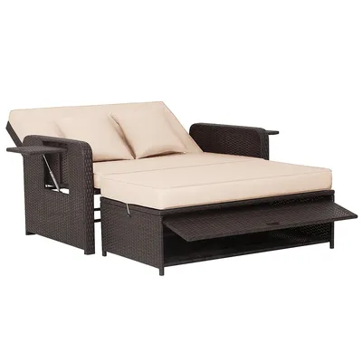 Patio Rattan Daybed Lounge Retractable Top Canopy Side Tables Cushions