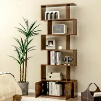 1 Pc Bookshelf W/cabinet 6-tier S-shaped Bookcase Storage Rack Rustic Brownwhite