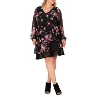 Women's Floral Printed Plus Tiered Swing Shift V Neck Mini Dress