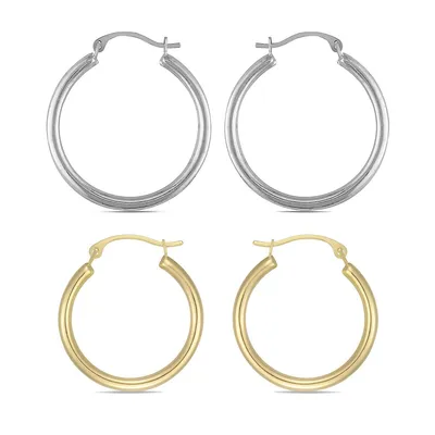 10kt Yellow And White Round Hoop Earrings Set