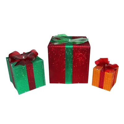 Set Of 3 Lighted Glistening Gift Box And Bow Outdoor Christmas Decoration