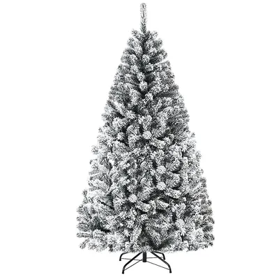 6ft Premium Snow Flocked Hinged Artificial Christmas Tree Unlit W/ Metal Stand
