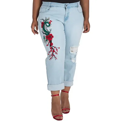 Plus Women's Curvy Fit Light Wash Dragon Embroidered Boyfriend Jeans