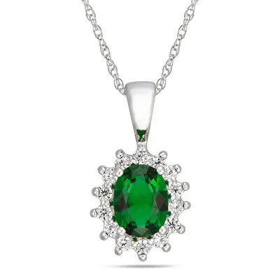 Sterling Silver Oval Emerald Cz Framed With Cubics Necklace