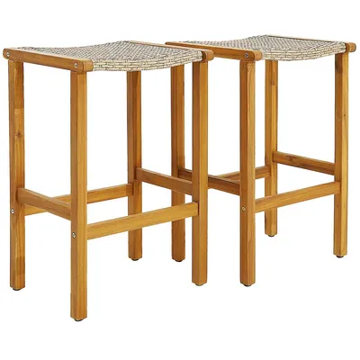 Patio Pe Wicker Bar Stools With Acacia Wood Frame Bar Height Chairs Poolside