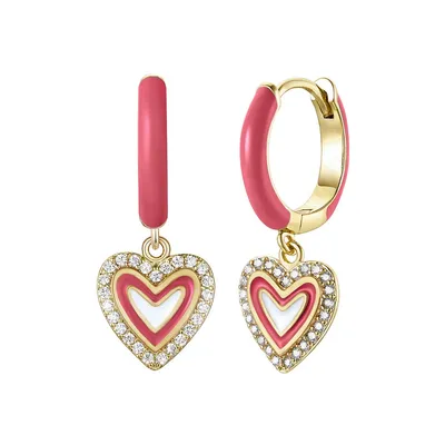 Children's 14k Yellow Gold Plated With Clear Cubic Zirconia & Magenta-red Enamel Halo Heart Dangle Charm Hoop Earrings
