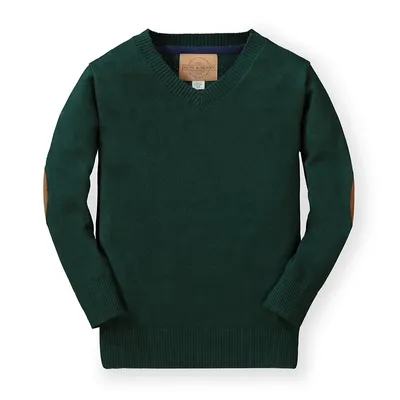 Boys Fine Gauge V-neck Sweater With Elbow Patches