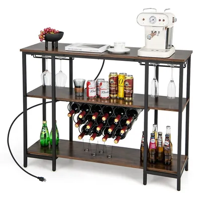 Wine Cabinet Bar Table Rack For Drinks Glasses With Power Outlets Brown/grey