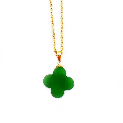 18K Gold Natural Jade Lucky Clover Leave Pendant and Necklace