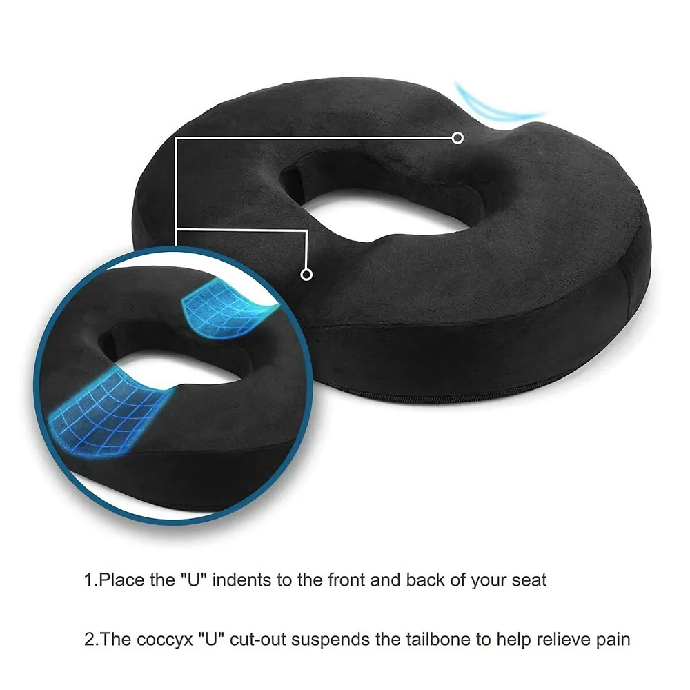 Orthopedic Donut Seat Cushion with Cooling Gel Infused Memory Foam -  Ergonomic Pressure Pain Relief For Coccyx, Tailbone, and Hemorrhoid Pain -  Comfortable Seat Pillow - Black 