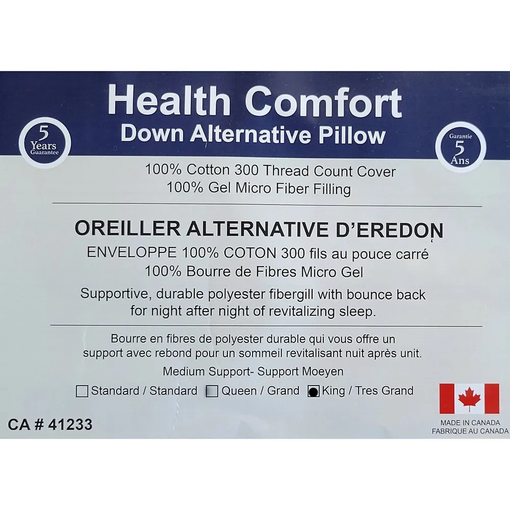 100% Micro Gel Fiber Pillow, Cotton Shell, Made Canada