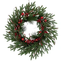Red Berries And Pine Christmas Wreath With Ornaments, 32-inch, Unlit