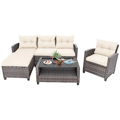 4pcs Patio Rattan Furniture Set Sofa Ottoman Cushion Garden Deck