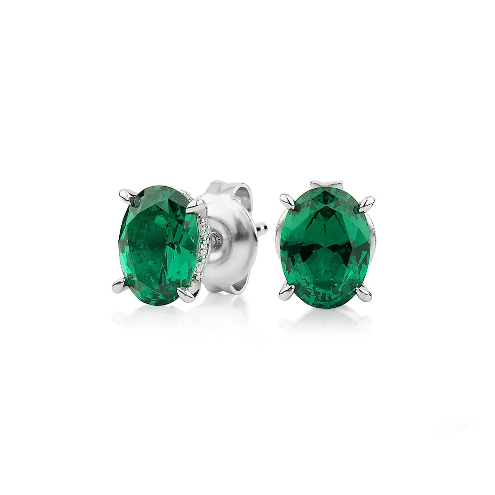 Oval And Round Brilliant Stud Earrings With Signature Simulant Emerald And Diamonds In Sterling Silver