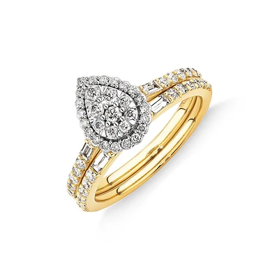 0.75 Carat Tw Pear Shaped Cluster Engagement Ring And Wedding Ring Bridal Set In 14kt Yellow & White Gold