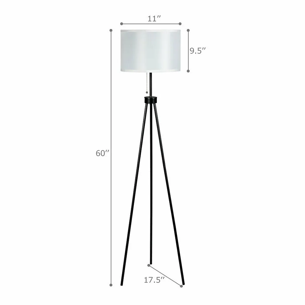 Modern Metal Tripod Floor Lamp White Fabric Shade W/ Chain Switch Home & Office