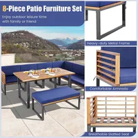 8pcs Patio Acacia Wood Dining Table & Ottoman Sofa Chair Set Outdoor Furniture