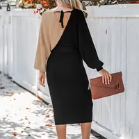 Women's Belted Ribbed Two-tone Sweater Dress