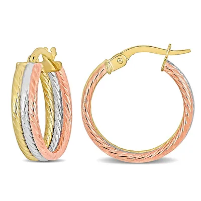 19mm Triple Row Twisted Hoop Earrings In 3-tone Yellow, Rose And White 10k Gold