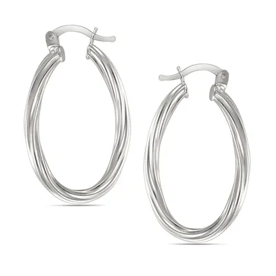 Sterling Silver Wrapped Oval Rhodium Hoop Earring