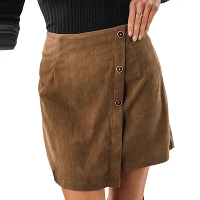 Women's Corduroy Button-front Mini Wrap Skirt