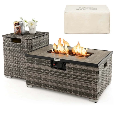32"x 20" Propane Rattan Fire Pit Table Set With Side Table Tank & Cover 40,000 Btu Grey/coffee