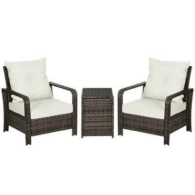 3 Pieces Rattan Bistro Set With Padded Chairs Storage Table