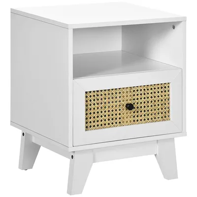 Nightstand, Bedside Table With Rattan Drawer And Shelf