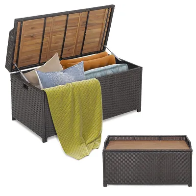 Patio Wicker Deck Box W/ Acacia Wooden Seat Storage Bench Poolside Garden