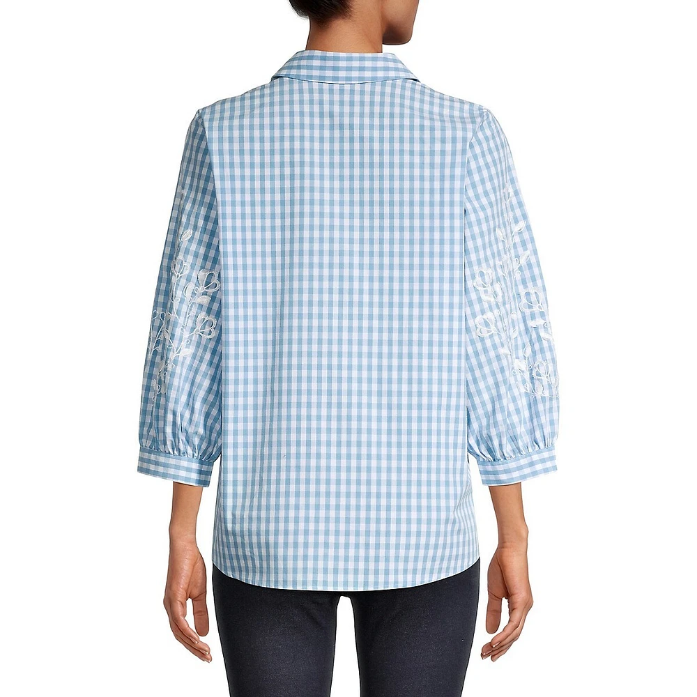 Gingham Embroidered Top