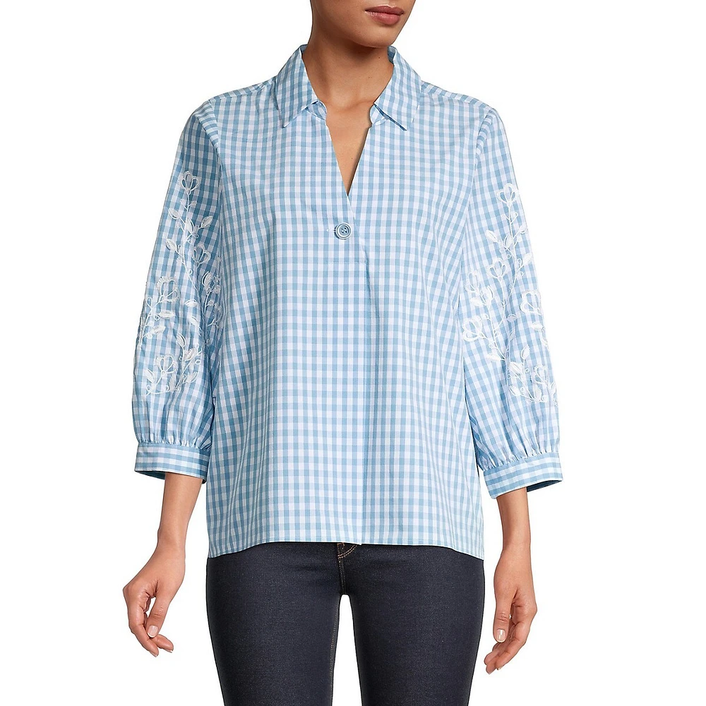 Gingham Embroidered Top