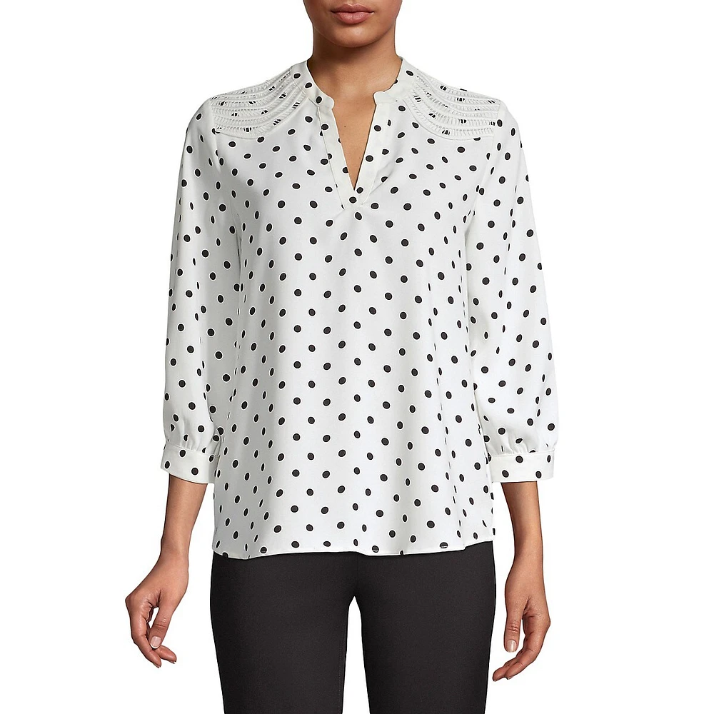 Polka Dot-Print Crochet-Trim Top